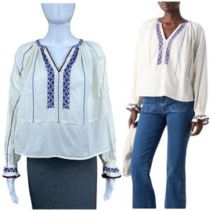 Scotch & Soda Linen Embroidered Peasant Top SMALL Boho Cottagecore Blouse NWOT